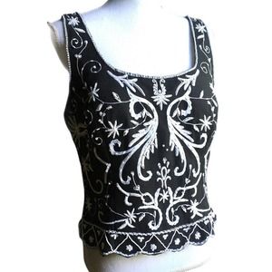 Vintage 90's Andretta Donatella Black Silk White Beaded Top XL